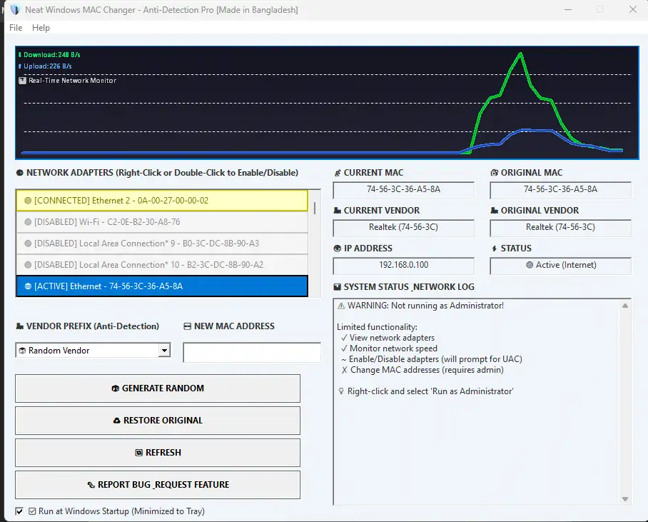 Neat MAC Changer Tool Interface for Windows 11