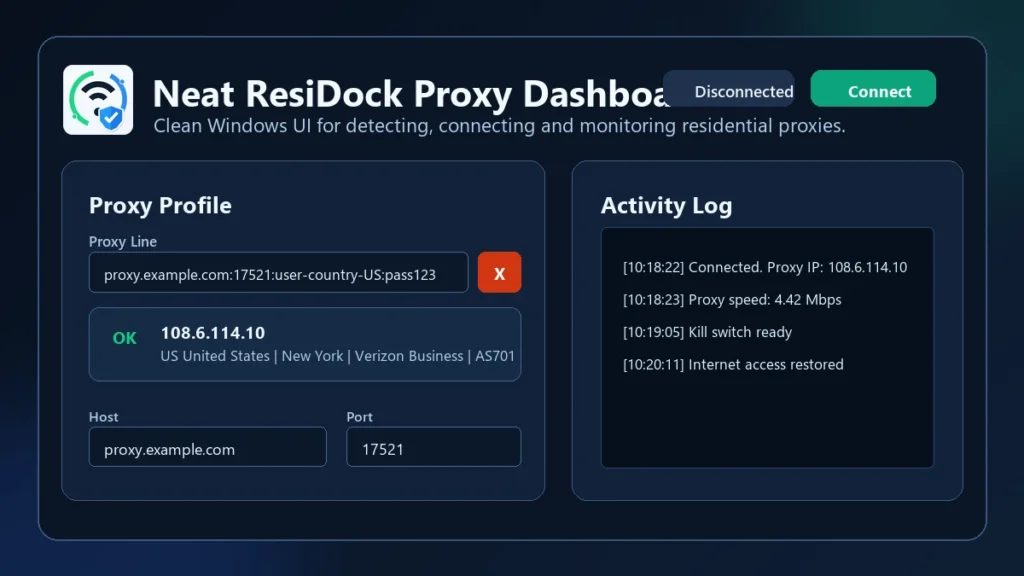 Neat Residock Proxy Checker Windows Dashboard